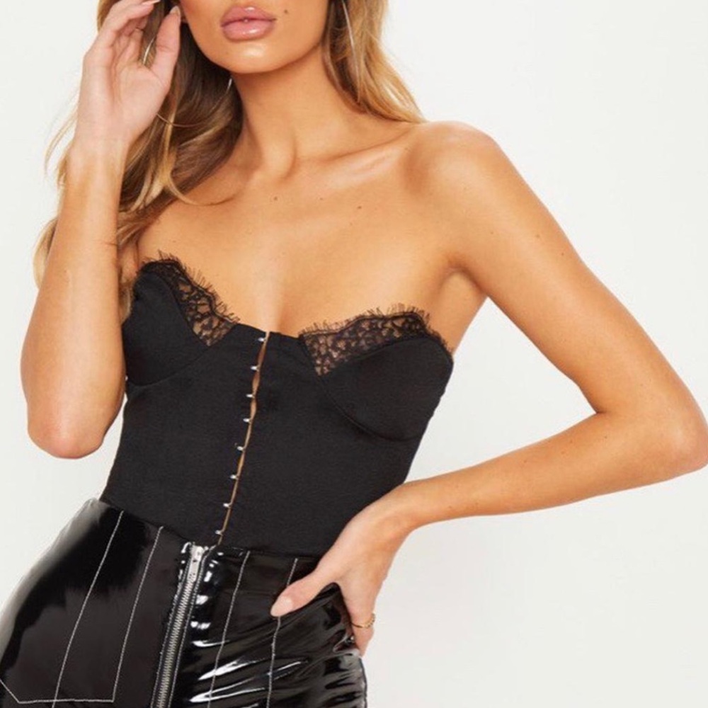 PLT 2 Black Lace Trim Strapless Bodysuit Tube Top Hook Eye PrettyLittleThing